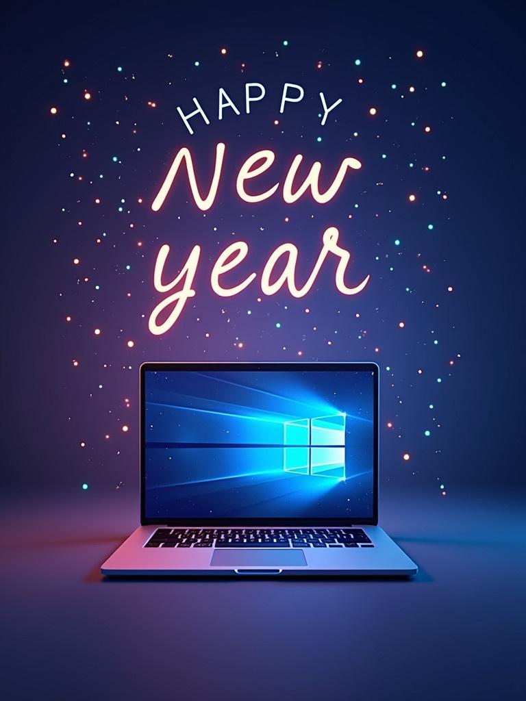 New Year greeting card design. Feature a laptop or mobile device. Incorporate festive elements. Use bright colors and festive fonts. Suitable for a software company.