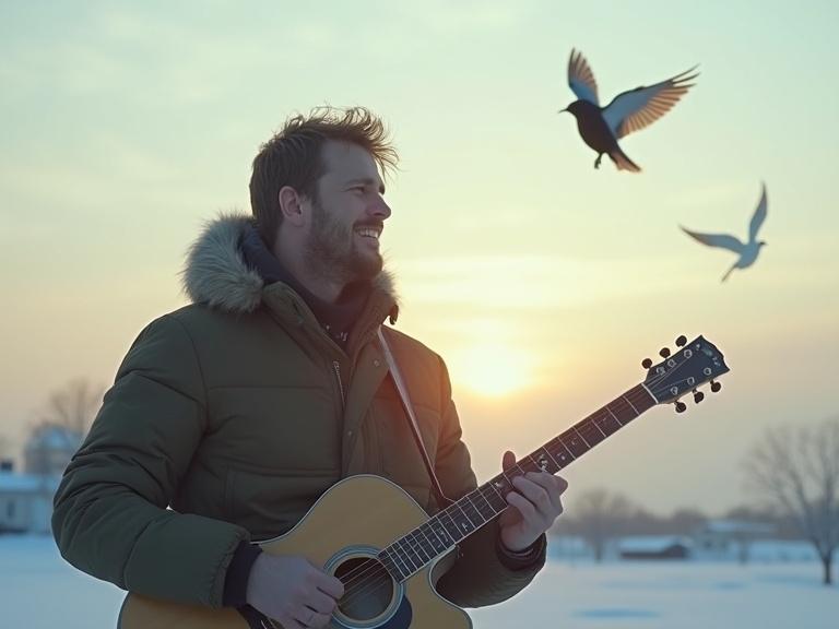 Singer smiles while playing guitar. Snow begins to thaw. Birds are seen in the sky. Soft sunset light fills the scene.