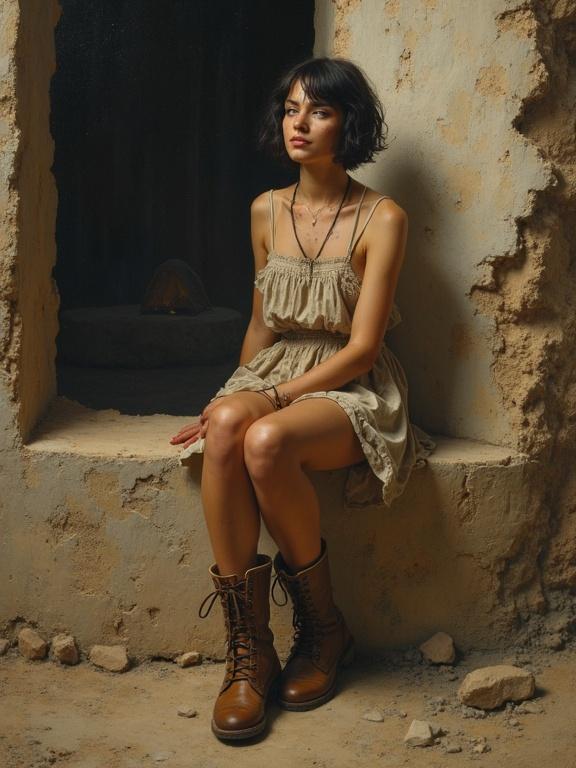 Portrait of a woman with short dark hair and freckles. Wearing a sundress and boots. Sitting on a crumbling wall at a campsite. Dramatic lighting. Rendered in earth tones.