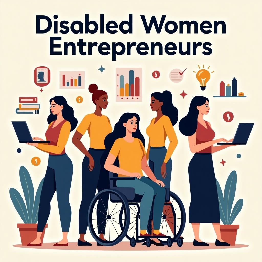 Poster highlighting disabled women entrepreneurs in a professional setting. Women engaged with laptops and business charts. Positive atmosphere promoting inclusivity and empowerment.