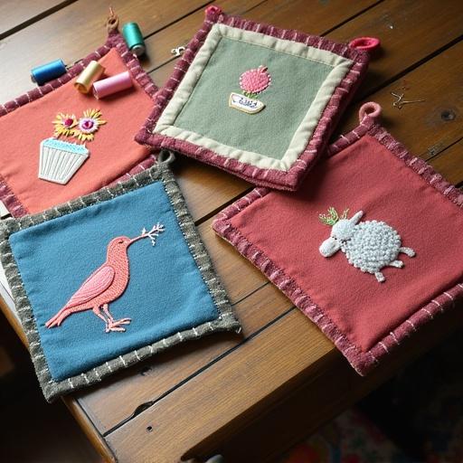 Five square potholders with colorful embroidery arranged chaotically on a wooden table. Potholders feature a flower, a bird, an apple, a sheep, and a flower in a pot. Nearby, sewing supplies like spools of thread and pins are scattered.
