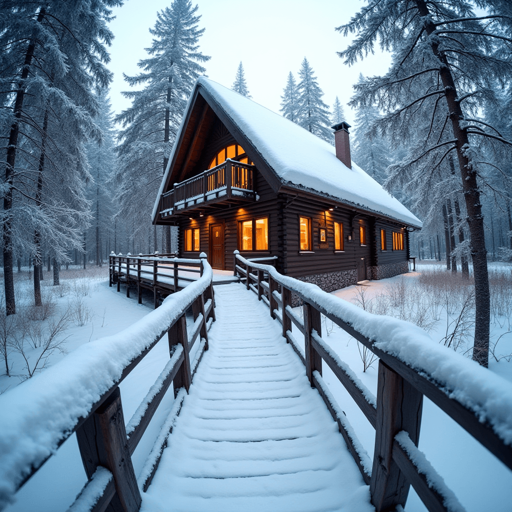 A cozy log cabin with glowing windows nestled in a snow-covered forest.