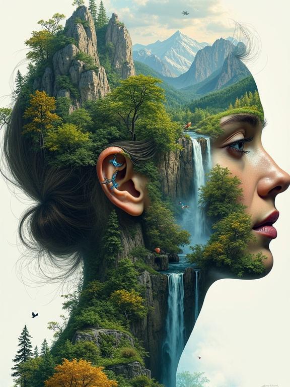 A hyperrealistic portrait featuring a woman's face replaced with a detailed landscape. Landscape includes lush forests, flowing rivers, and mountains. Rich textures and colors depicted. Autumnal foliage and wildlife included. Impressionistic style with visible brush strokes. Overall serene composition embracing nature and humanity.
