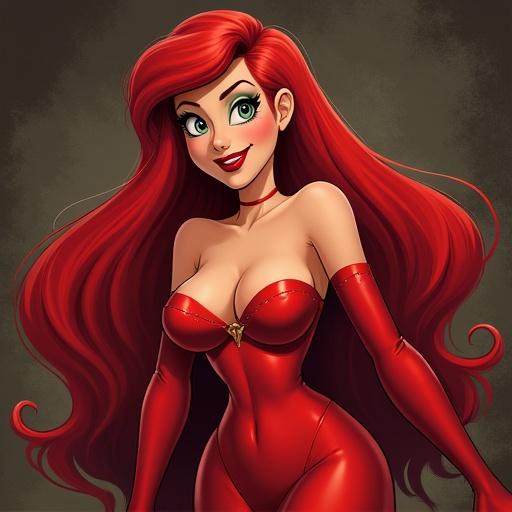 Animated character with long red hair. Wearing a red dress and gloves. Playful and seductive expression. Captivating eyes.
