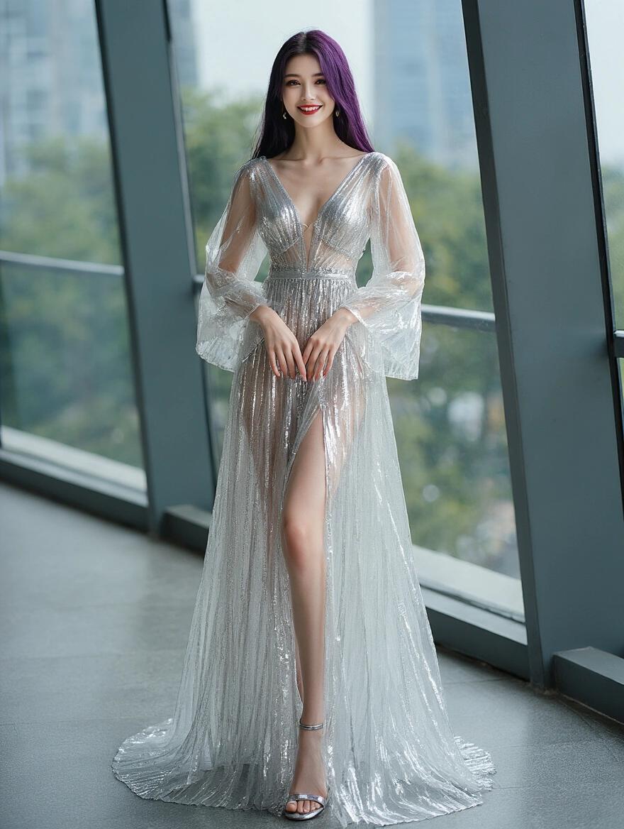 Breathtaking woman stands in front of large window. Wearing transparent shiny silver gown. Romantic sleeves on gown. Long dark violet hair. Smile on elegant face.