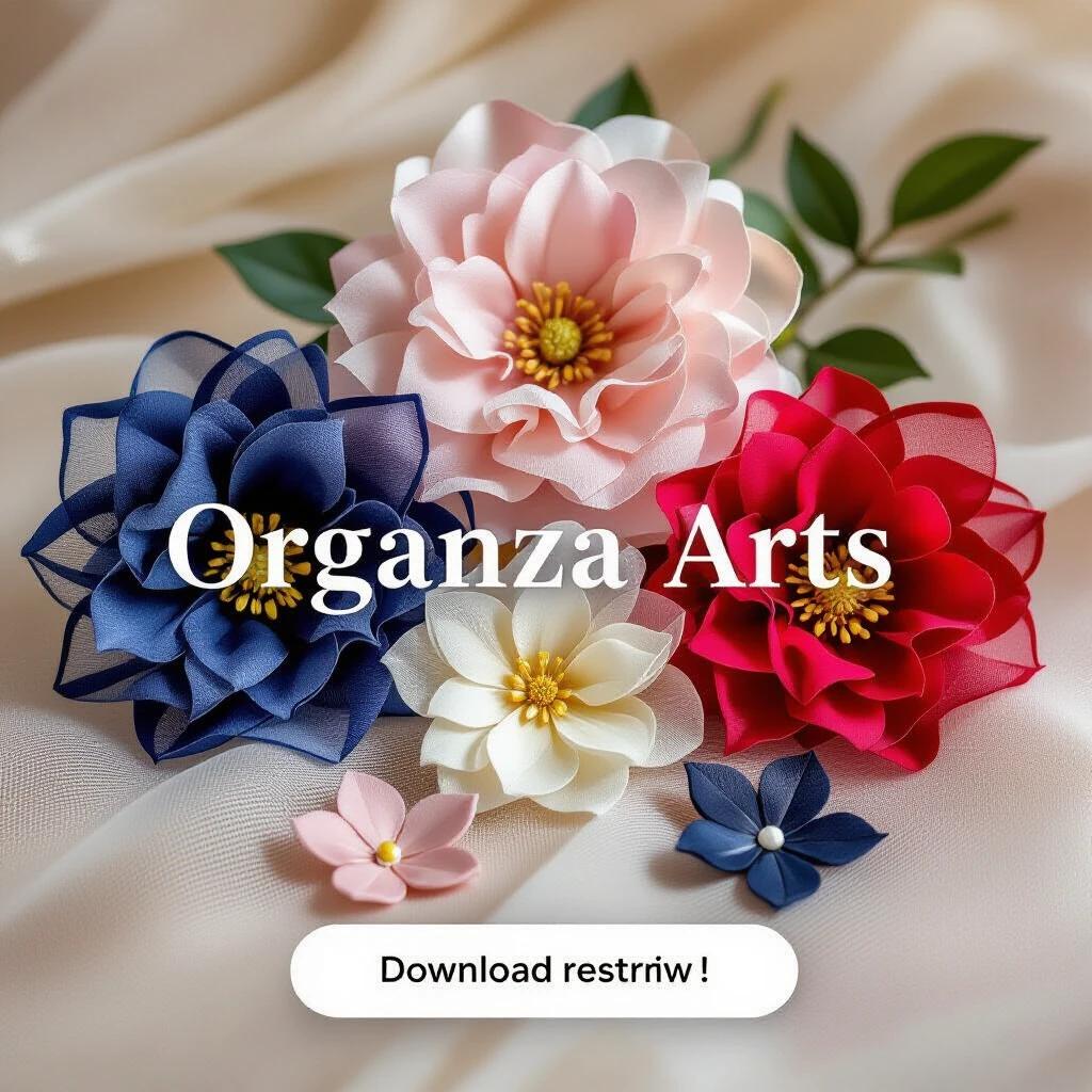 An Instagram post for an ebook titled Organza Arts. Features vibrant organza flowers in various colors. Showcases the beauty of fabric flower art. Includes a clear call to action to download.