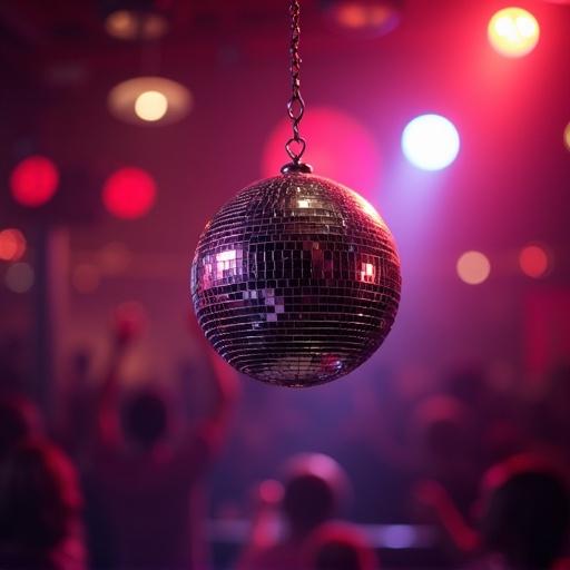 A disco club scene featuring a hanging disco ball. Colorful lights illuminate the space creating a vibrant party atmosphere. People can be seen dancing in the background.