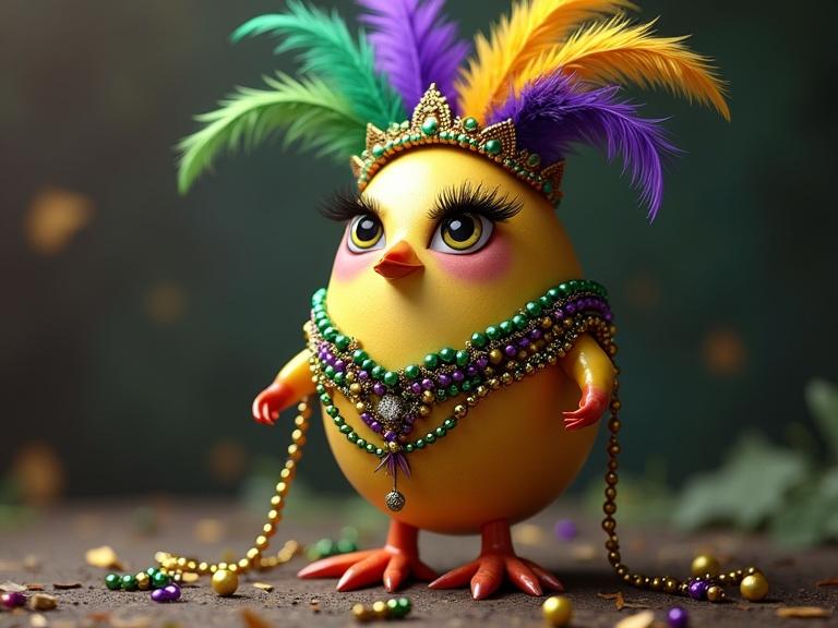Digital masterpiece featuring a female egg dressed for a Mardi Gras parade. The egg has long eyelashes and is adorned with a colorful feather headdress. The egg wears several handfuls of shimmering Mardi Gras beads and stylish stiletto heels.