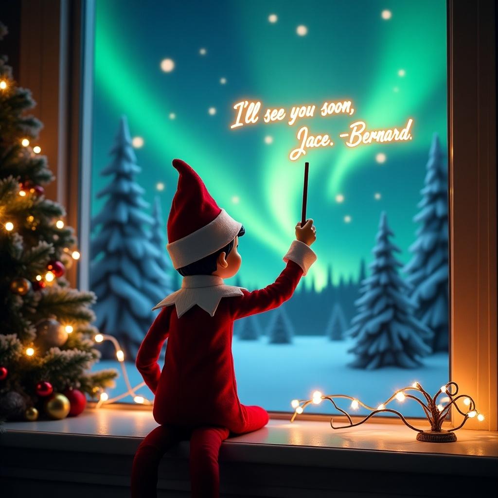 An enchanting Christmas scene featuring an elf on the shelf. The elf is dressed in classic red and white attire. He is facing a beautiful night sky with vibrant northern lights. The elf wields a magic wand and writes a glowing message. The backdrop is festive, filled with trees and holiday lights. This scene captures the essence of Christmas and the joy it brings.