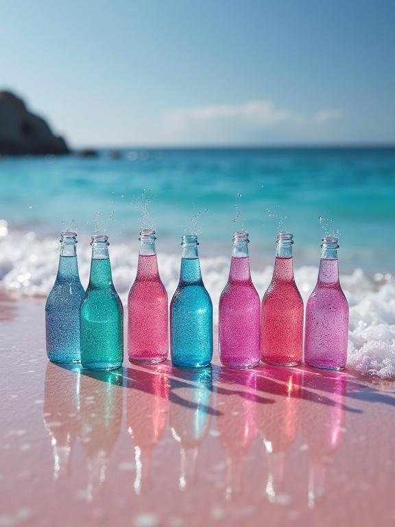 Advertising product photography of eight glittery splash bottles standing in shallow crystal clear tide pool. Background shows pink sandy beach with strong blur. Water reflects colors of bottles and pastel sky. White starfish and polished river stones under water. Bright cloudy day lighting creates soft reflections and peaceful atmosphere.