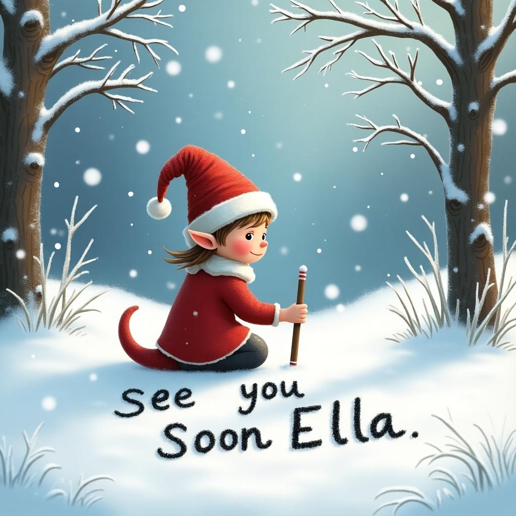 Elf character in a red outfit with a Santa hat writes it on snowy ground. Soft background with trees and snowfall.