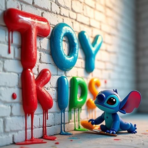 A vibrant 3D render of playful lettering showcases 'TOY KIDS' on a weathered white brick wall with glossy wet paint. Multicolored letters flow downwards with paint splatters. A whimsical Stitch from Disney gazes with a paintbrush. The backdrop is a softly blurred neutral gray. Warm lighting highlights the scene.