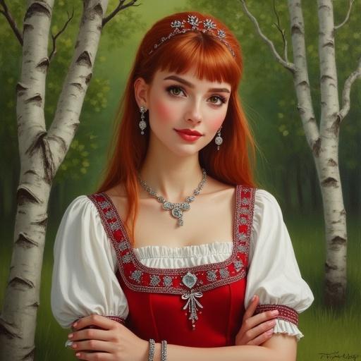 Detailed painting of an elegant young woman. She has brown eyes, strawberry red long straight hair with milled bangs. Dressed in luxurious Russian folk fashion with a red sundress and a white blouse with silver embroidery. Adorned with a tiny kokoshnik. She wears silver jewelry including a necklace, earrings, a ring, and a bracelet. She has a radiant smile and is looking at the viewer. Background features a green birch grove.