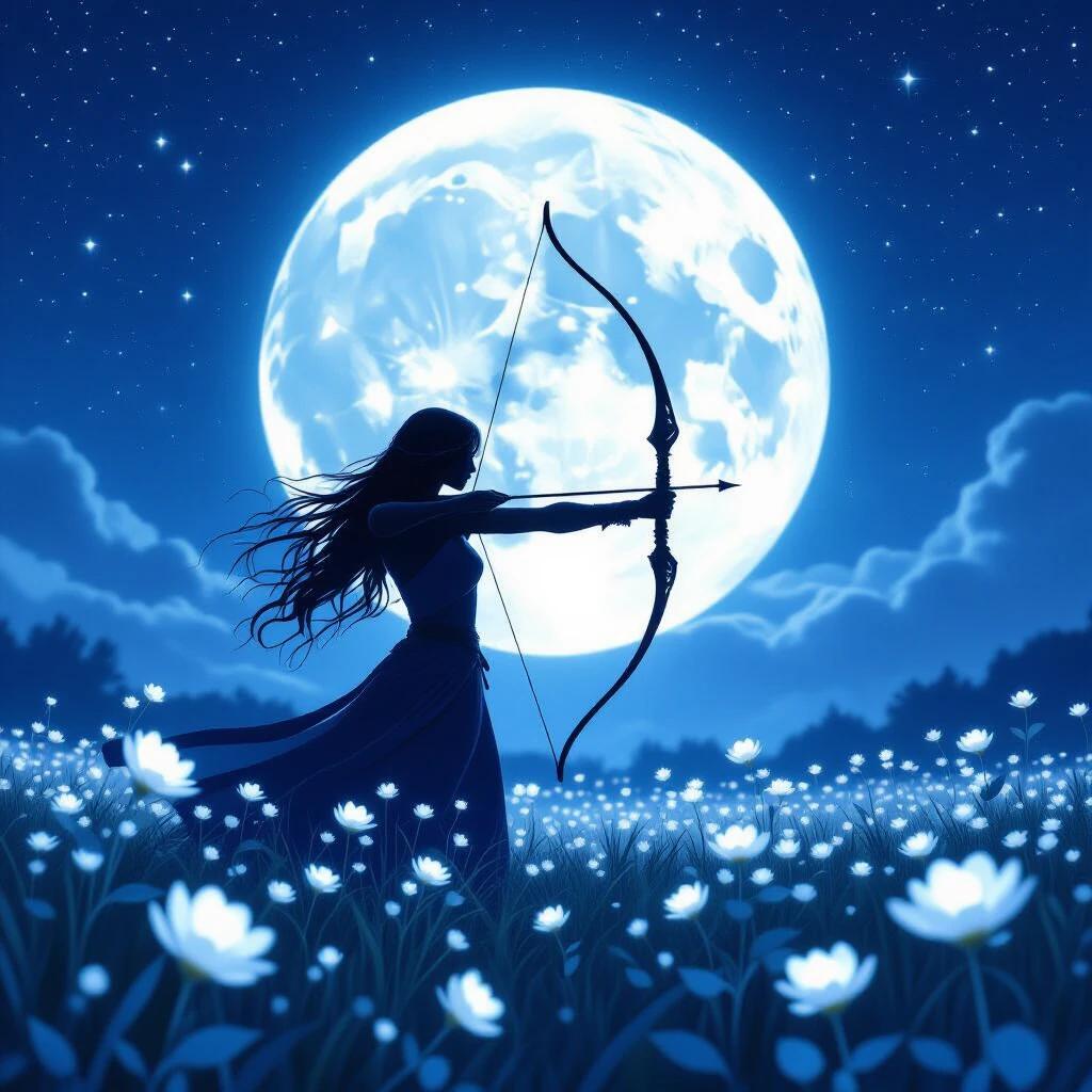 Ethereal digital painting of a silhouetted female archer against a giant glowing full moon. Starry night sky with a field of luminous white flowers in the foreground. Fantasy illustration in deep blues and blacks.