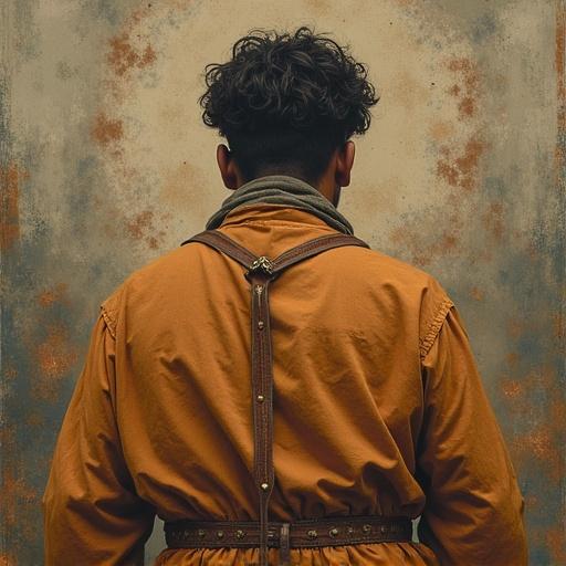 A person wearing a brown jacket with a unique back strap detail. The focus is on the back view showcasing the intricate textures and earthy tones under soft lighting.