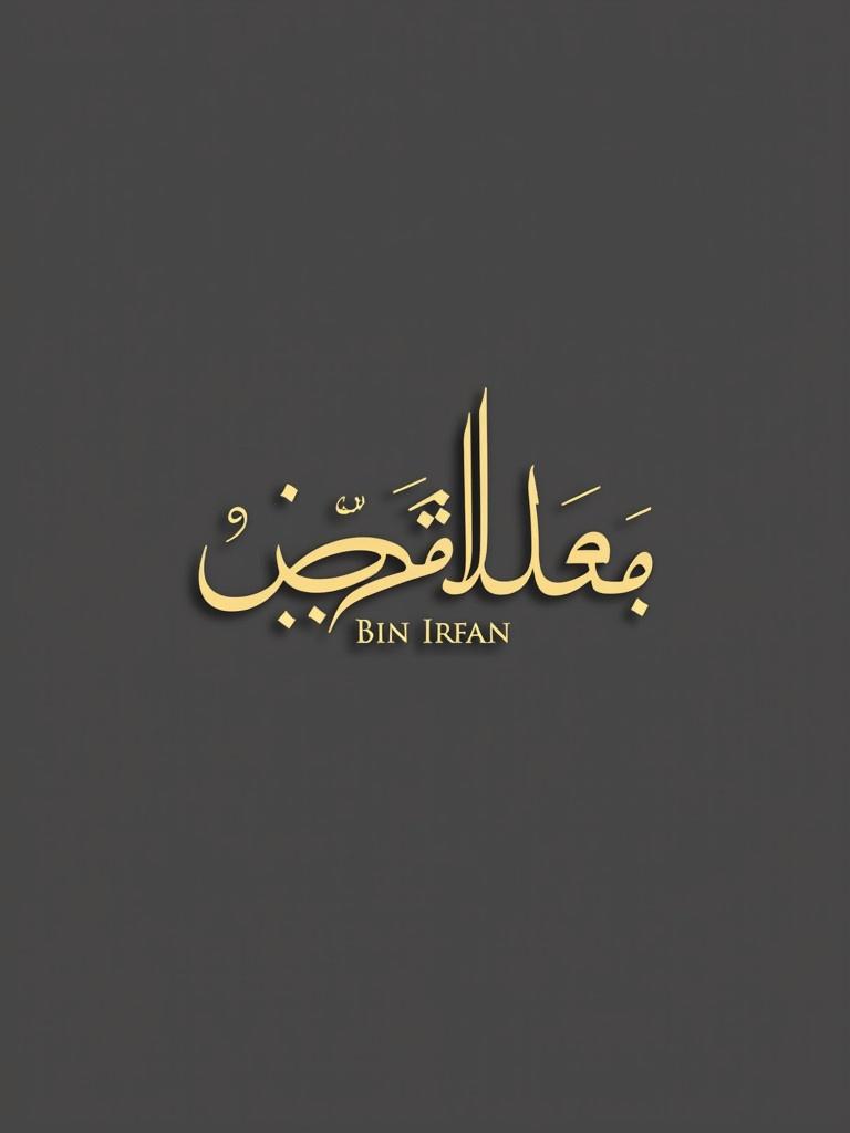 Design a logo for a business named Bin Irfan. The logo features elegant Urdu calligraphy as the main design element. The name Bin Irfan is written in a clean sans-serif font at the bottom. The calligraphy is stylized yet legible, graceful and bold, combining traditional and contemporary styles. The color palette is minimalist with gold and black for a luxurious feel. The design should reflect professionalism and high quality, appealing for a curtain business.