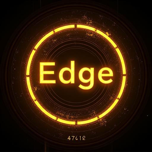 Round cyberpunk emblem features the word 'Edge' in vibrant golden neon colors against a dark background. Emblem has a circular design with glowing elements around it.