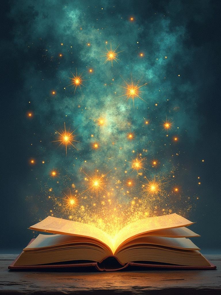 Image shows an open book with golden sparkles and magical light. Mystical elements rise from the pages. The background is a starry night sky with a turquoise gradient. The book represents knowledge and imagination. Perfect for a world literature class.