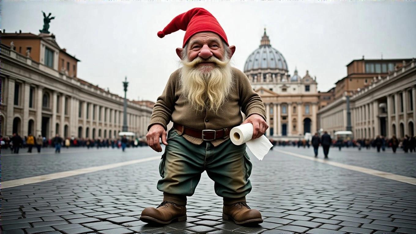 Bearded gnome stands in front of St. Peter's Square. Pants are down and holds toilet paper. Scene is humorous and exaggerated.