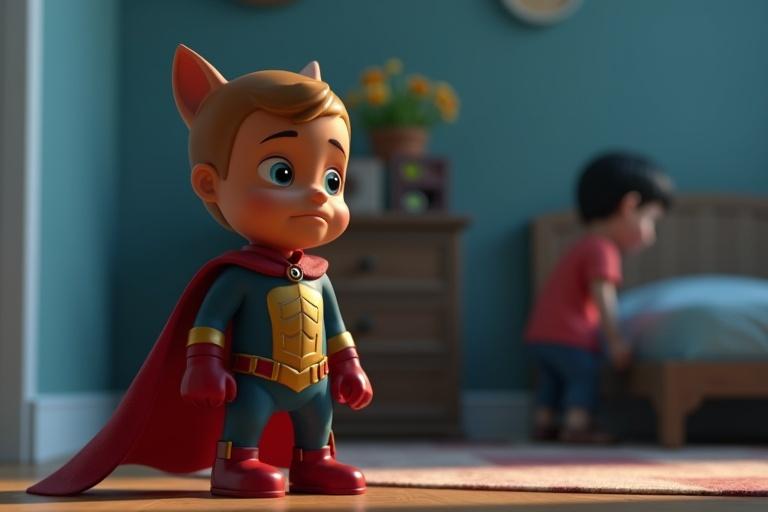 Dramatic 3D animated scene featuring toy Sparky in a bedroom corner. Human-like face shows sadness and jealousy. Red cape droops. Background presents Rahul playing with Zumo in soft focus. Muted daylight colors reflect emotions.