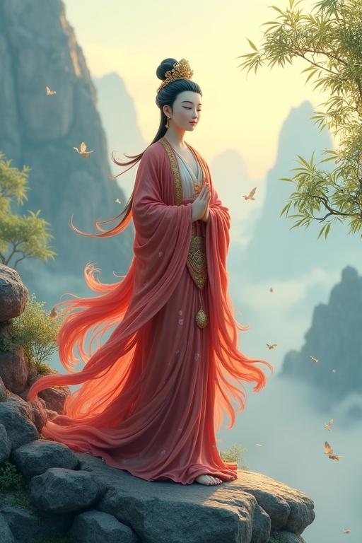 Treasure-Robe Guanyin Bodhisattva Standing atop an immortal mountain Soft sunlight shines in a mythical Eastern cultivation world Ethereal immortal mountains in the background Blurred cranes and green bamboo with golden halos