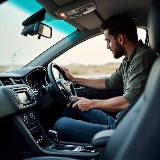 Image of person cleaning interior of a car. The person is focused on steering wheel while cleaning. The vehicle's interior is visible. Natural light is coming through the windows. The car appears clean and organized.
