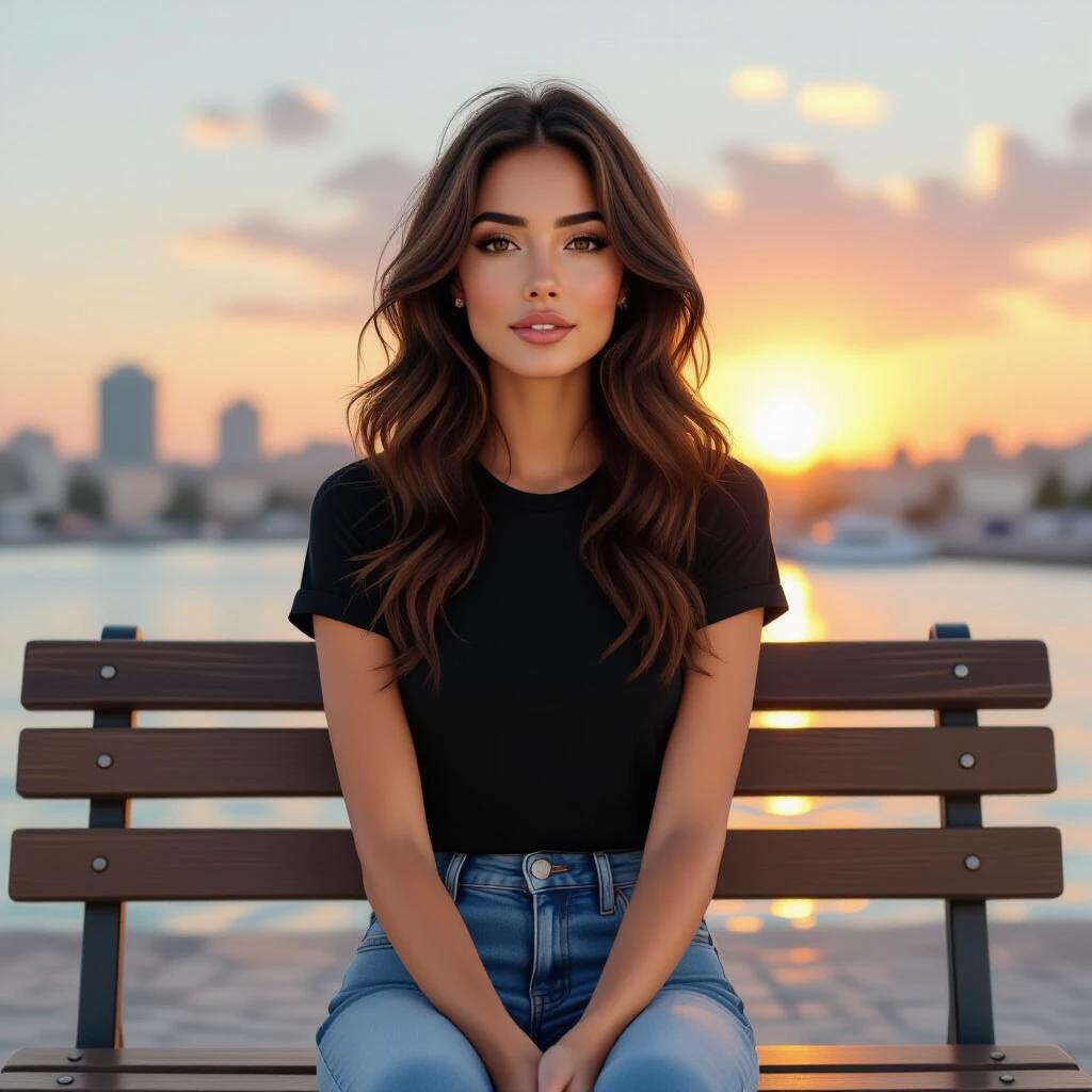 Pencil drawing of a woman with wavy hair. Olive skin appears tanned. Wearing a black shirt and blue jeans. Sitting on a bench. Located in Tel Aviv. Captured during sunset.