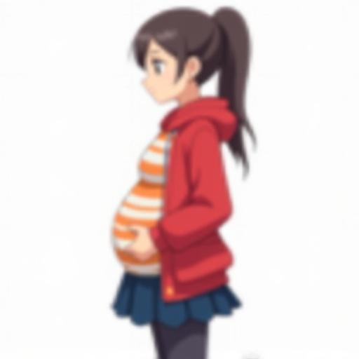 Anime-style illustration featuring a pregnant character from Pokemon. Brunette with pigtail wears a red hoodie. Orange and white striped shirt is visible. Character has a navy blue mini-skirt with leggings. The character stands in profile. Background is blank.