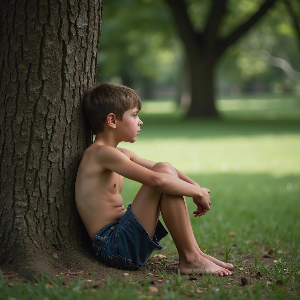 Shirtless boy sits by a tree in a park. He appears contemplative. Grass is lush around him. The background is blurred with greenery.