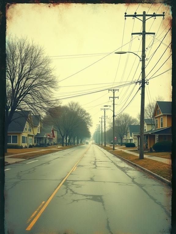 A rough pinhole illustration capturing the essence of a small midwest rural town from the 1970s. Aging and warping effects throughout the image. Empty streets create a sense of isolation. Visible color shifts add to the eerie glitches.