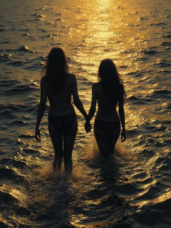 Figures of two women in water. Burnished gold effect creates a watercolour style. Artwork uses ink on dark canvas. Women wade into the sea.