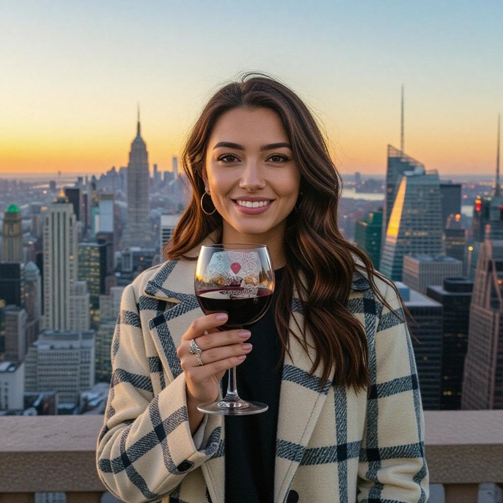 Young woman smiling while holding a wine glass. She stands on a rooftop overlooking the New York City skyline at sunset. This scene conveys joy and connection in a modern setting.