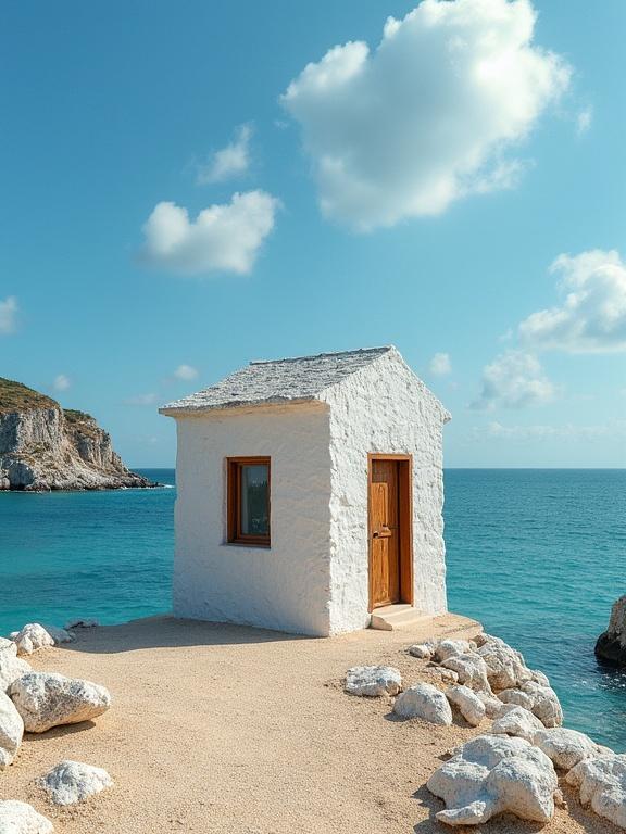 White stone house by the ocean. Clear blue sky with clouds. Sandy beach and rocky shoreline. Bright sunlight illuminates the scene. Calm turquoise water in the background.