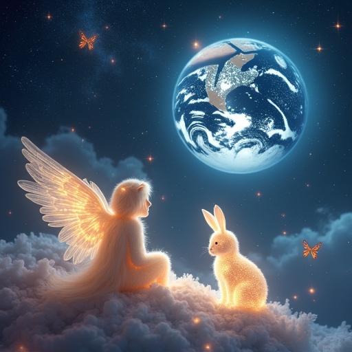 Tranquil cosmic scene with angel, glowing energy-like cat, translucent stardust bunny. They gaze at Earth, a luminous ornament-like sphere. Figures emit otherworldly glow. Vibrant colors of stars, galaxies, nebulae. Fantastical creatures float nearby, creating a serene atmosphere.