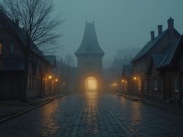 An empty village square with a faint glowing outline where Enoch once stood. Realistic style with muted tones. Image has a 9:16 aspect ratio.