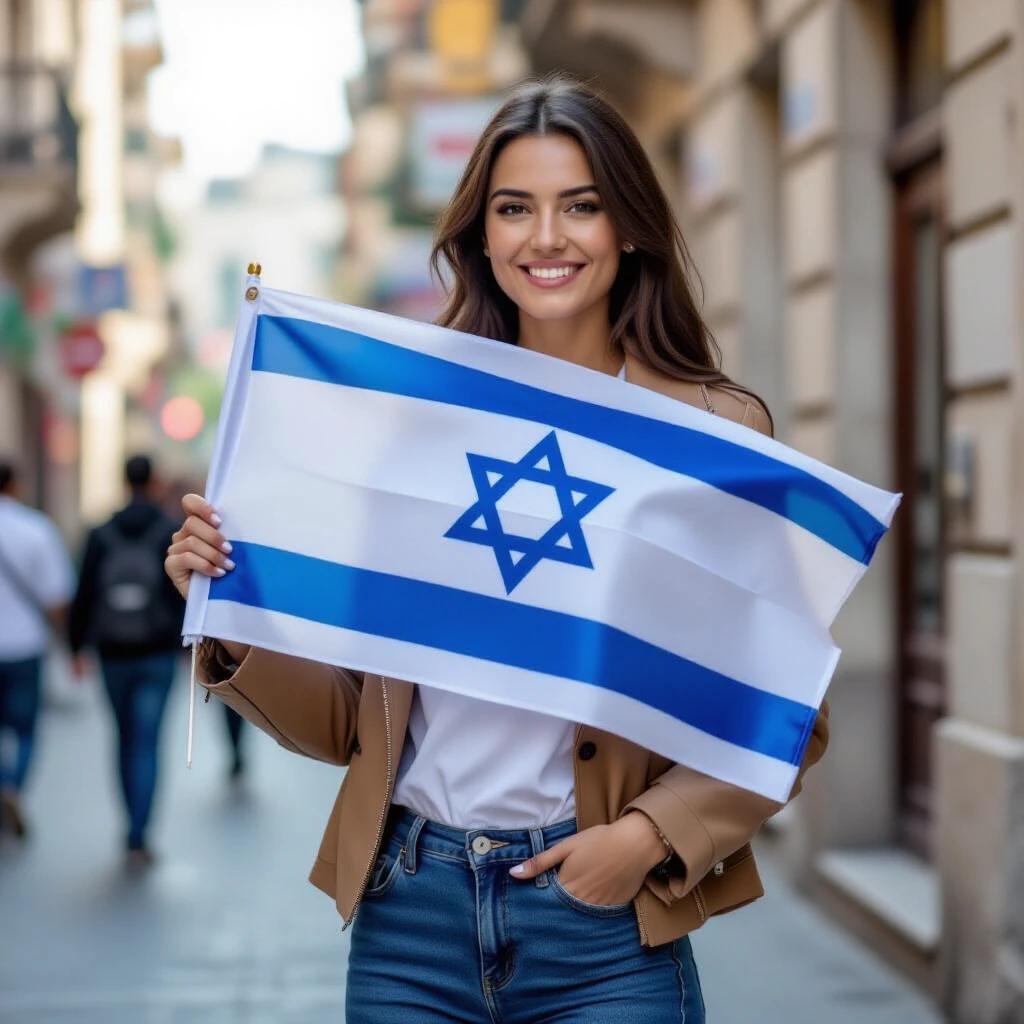 A woman stands confidently while holding the Israeli flag in a vibrant street setting. The image captures a serene atmosphere as onlookers stroll in the background. The flag features a blue Star of David on a white background with blue stripes. The elegant pose of the woman and the flag emphasize patriotic pride.