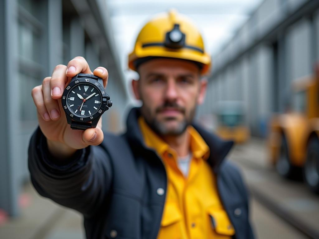 An engineer taking a selfie holds up the watch he is wearing towards the camera. He is wearing a yellow work shirt and a dark jacket. The environment behind him shows industrial buildings and machinery. The watch has a rugged design and is prominently displayed. He is wearing a safety helmet with a light attached to it. The photo captures the casual yet professional essence of his job.