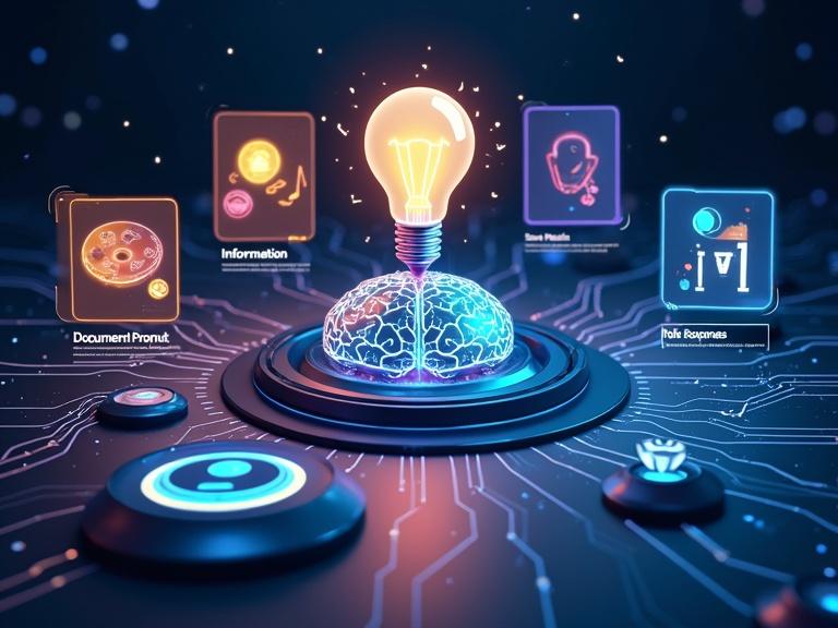 Futuristic dashboard displays prompt zones with a glowing lightbulb symbolizing information. Floating question marks and data icons around it. Vibrant paint palette with musical notes indicates creative prompts. Checklist and document tools represent tasks. A mask symbolizes role prompts. Central AI brain adapts output based on selected prompts. Background is sleek with digital circuit patterns and flowing data streams.