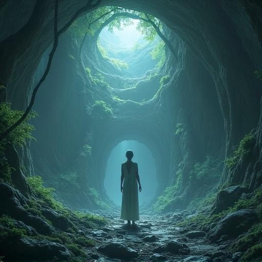A mystical Lemurian landscape featuring a peaceful encounter with aliens. Lush greenery and soft lighting create a serene atmosphere. The scene captures a figure in a white dress standing amid ancient trees with an alien presence.