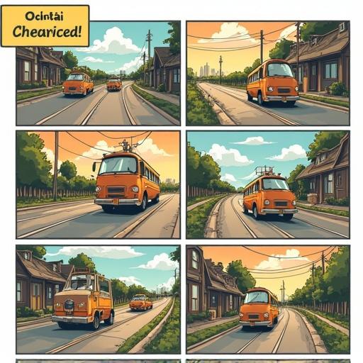 A comic from the 1950s displayed in A4 size divided into six panels. The panels depict different angles of retro orange buses traveling along a scenic road lined with quaint houses under a bright sky.