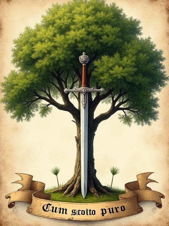 Highly detailed family crest illustration. A majestic linden tree at the center with a full canopy. Deep green foliage and a thick textured trunk. Embedded medieval longsword in front facing up. Sword with steel blade and leather grip. Surrounded by ornamental scrolls. Below a parchment banner with Latin motto. Warm, subtle background texture.