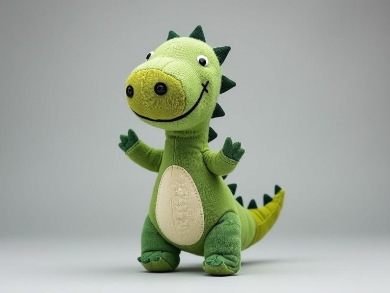 A cute plush dinosaur toy made of patchwork fabric in green shades. The toy has a friendly expression, button-like eyes, and stitched teeth details. Stands upright with arms out and curled tail on a gray background.
