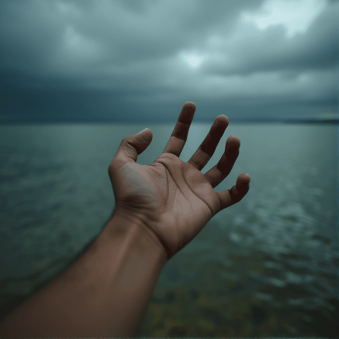 A hand reaching out towards a stormy, cloud-filled sky above a calm body of water.