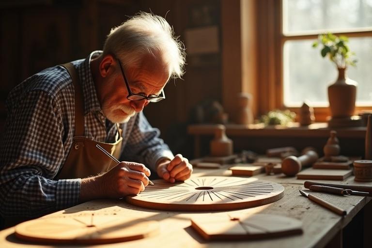 Elderly artisan working on a clock face. Natural lighting from the window. Tools scattered on the wooden table. Wooden blanks around. Warm colors dominate the scene. Focus on the artisan's hands and the task.