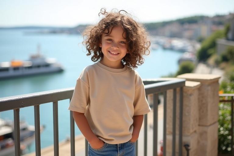 A young girl stands on a balcony. She wears a large natural-colored T-shirt and blue jeans. She has curly brown hair. The setting shows a sunny harbor in Normandy. The atmosphere is peaceful and quiet.