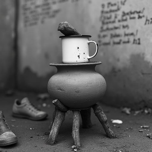 A black-and-white photograph capturing a weathered clay vessel atop a rustic tripod composed of wooden branches. An upside down chipped white enamel mug sits on the vessel. A child's lost shoe is partially buried in the dirt in the background. The shot adheres to the rule of thirds with a natural diffuse lighting. The image evokes emotional resonance and narrative ambiguity.