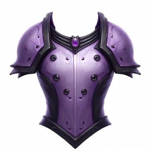 Icon representation of a fairy legendary breastplate for card games. Style emphasizes white, black, and purple colors. Styled like World of Warcraft. Paint effects applied. Transparent background included.