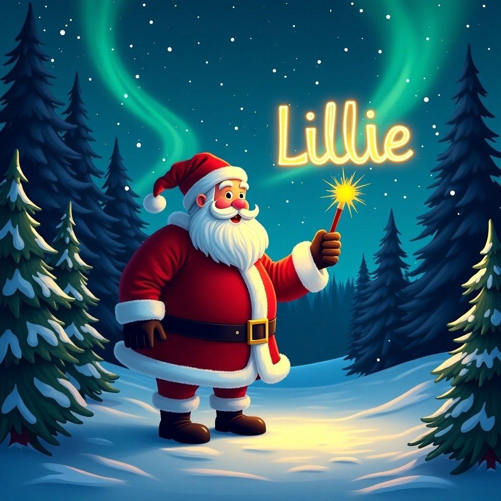 Santa Claus holds a glowing wand in a snowy forest at night. The name Lillie shines brightly. Northern lights and a starry sky are above. Pine trees surround the scene, creating a magical atmosphere.