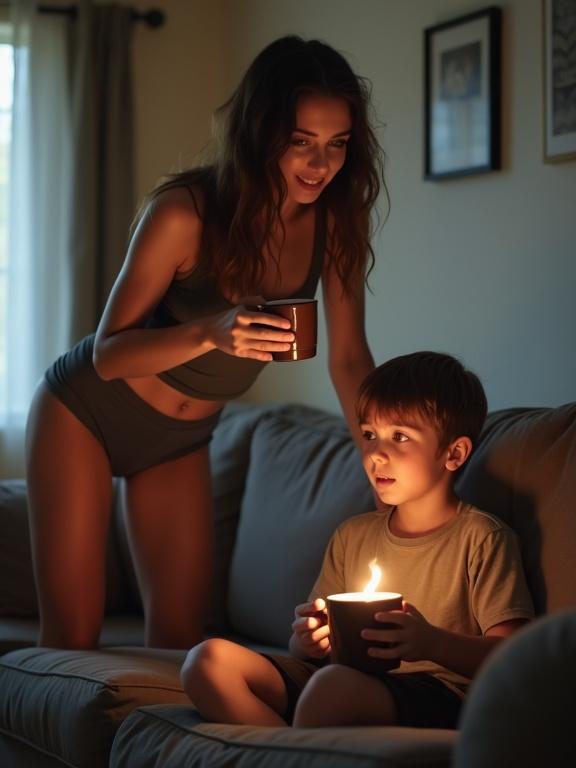 Woman in snug clothing offers mug to boy on a couch. Cozy living room with warm lighting. Playful interaction and focus on gaming.