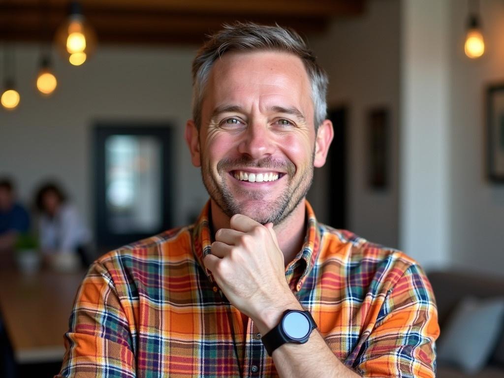 A white man is standing and smiling. He is wearing a bright plaid shirt. The shirt has vibrant colors and the plaid pattern is clearly visible. The man is holding his hand to his chin, showing off a stylish black watch on his wrist. The background shows a well-lit indoor space, suggesting a casual atmosphere. There are some objects in the background that hint at a welcoming environment.